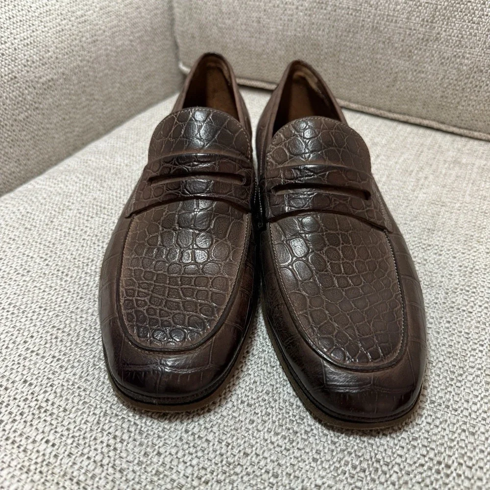 Cole Haan Brown‎ Crocodile-Embossed Leather Penny Loafers Size 8 Men